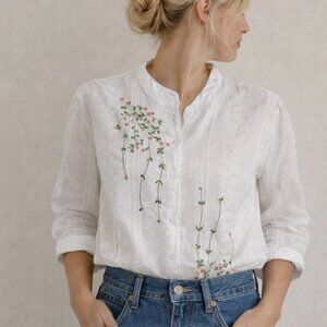Women's white eyelet embroidered button down blouse size Med boho cottage core